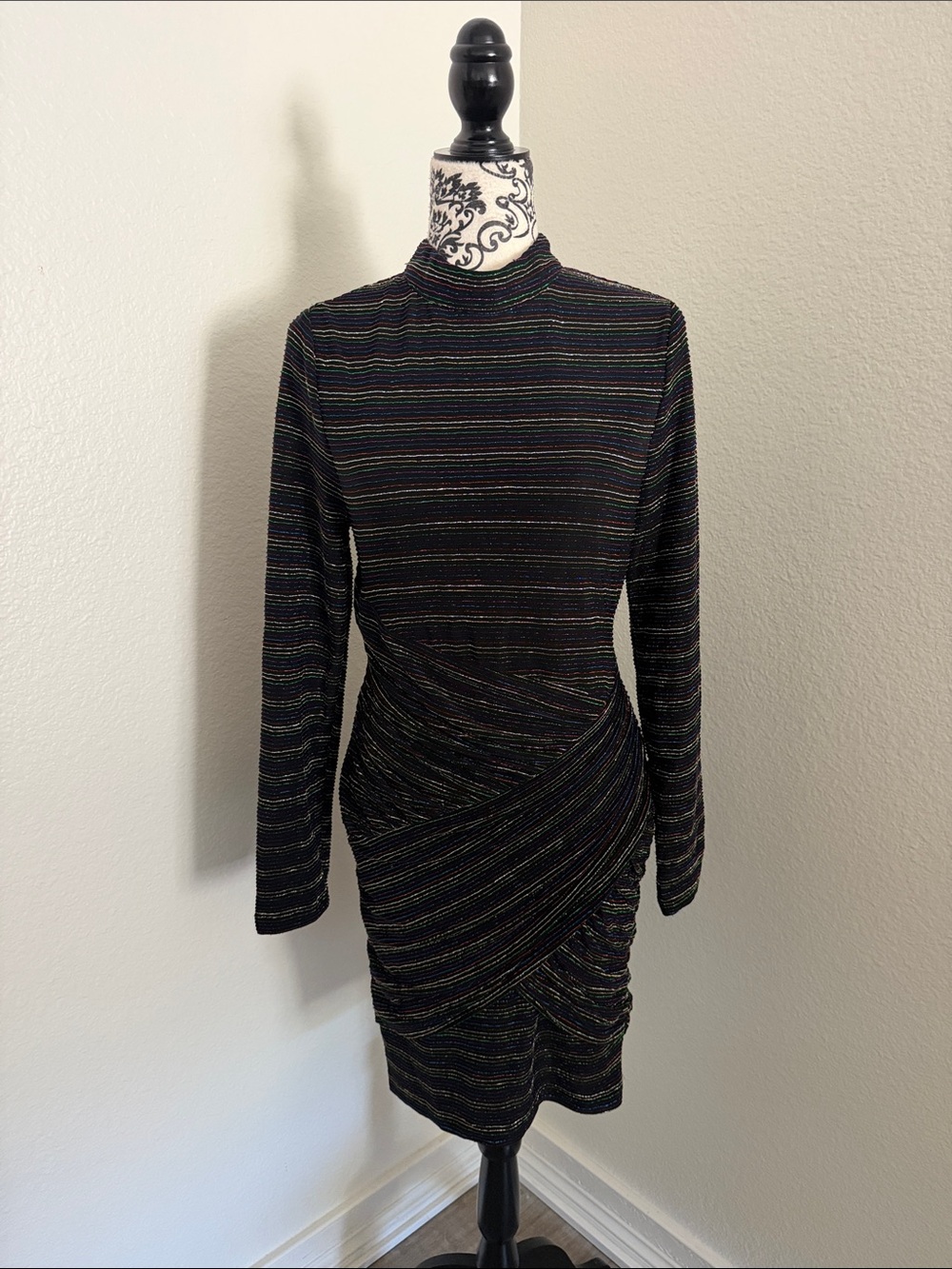 Trina Turk Black Multi-Stripe Long-Sleeve Bodycon Dress Size 10